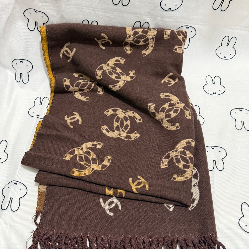 CHANEL Brown Logo Fringe Scarf with Gold Accents - Picture 3 of 6